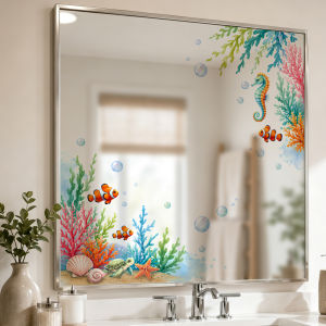 Watercolor Underwater Ocean Mirror Corner Decal - Peel and Stick Removable Vinyl Sticker Waterproof Bathroom Vanity Decor