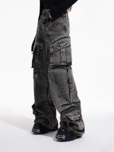 PeopleStyle Brand Design Retro Overalls Style Multi-Pocket Denim Genderless Wide Leg Casual Pants