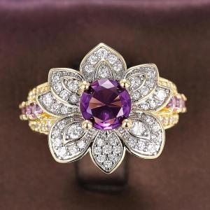 Huitan Gorgeous Flower Shaped Women Ring Inlaid Brilliant Purple Cubic Zirconia Fashion Wedding Party Luxury Accessories Jewelry