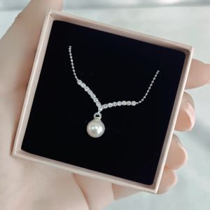 SO SEOUL Attract Y Diamond Simulant Cubic Zirconia with Pearl Dangle Fixed Chain Necklace