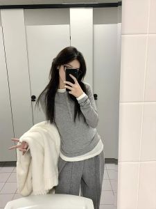 Áo Thun Dài Tay Cổ Henry Phong Cách Mỹ Cổ Điển Dành Cho Nữ Áo Lót Bên Trong Dáng Ôm Giảm Béo Áo Phông Mùa Thu Mới Về