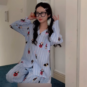 Womens Soft Comfortable Penguin Pajama Set - Blue Striped All-Over Print Long-Sleeve Loungewear