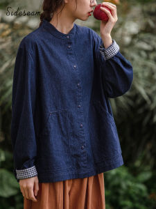 Original Japanese Style Loose Fit Blue Denim Shirt Womens Spring Pure Cotton Shirt Small Stand Collar Slimming Effect