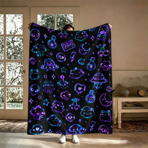 BILIBILI | Neon Kawaii Doodles Black Flannel Blanket Perfect for Sofa Office Bed Travel Sleep Read Relax Camping Four Season Use