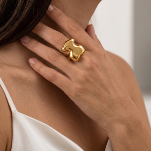 Modern Abstract Irregular Wavy Open Cuff Ring Polished Gold Color Organic Fluid Shape Ring For Women Daily Office Wear