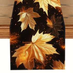 1 Elegant Thanksgiving Table Runner with Golden Maple Leaves and Starry Sky Design Suitable for Restaurants Homes Harvest Parties Pastoral Decorations and Market Displays.