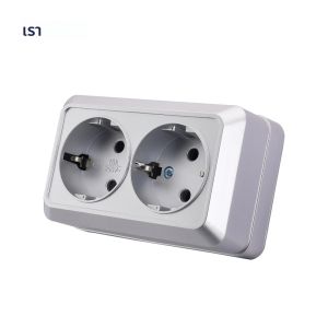 WESA สีเงินพื้นผิวผนัง 2 ปลั๊กปลั๊ก EU ภายนอกปลั๊กไฟฟ้าพร้อม Ground Outdoor Power Socket สารหน่วงไฟสี