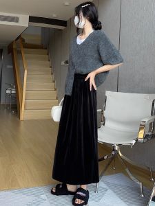 Váy Midi Chữ a Cạp Cao Bằng Vải Nhung Lụa Thường Ngày Đa Năng Cho Nữ Mùa Thu 2025 Váy Dài Đến Giữa Bắp Chân Cho Dáng Người Quả Lê