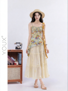 YOUXIANG | Bộ Đầm Ngắn Hoa Văn Không Quy tắc Phong Cách Pháp Mùa Hè