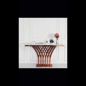 meja konsul top marmer putih carrara stainless rose gold