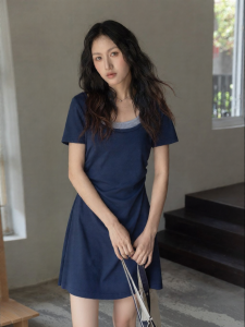 Stylish Short Sleeve U-Neck Waist-Cinched Dress Beautiful Womens Summer Fashionable Dress Casual Style A-Line Skirt