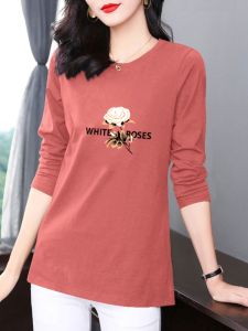 Áo Thun Dài Tay Cotton Nguyên Chất Cho Nữ Mùa Xuân Thu Thường Ngày Cổ Tròn in Họa Tiết Dài Vừa Phải