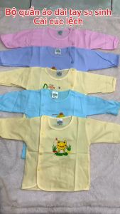 Combo 5 Bộ quần áo sơ sinh tay dài cho bé trai bé gái cài cúc lệch nền màu vải 100% Cotton Bosini size 0-9kg có tách lẻ 3 bộ