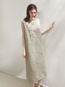 Miccbeirn | Elegant Pure Linen Sleeveless Embroidered Dress With Beads 3D Flower Design Midi Skirt Length Summer Commute Style Simple