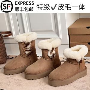 Womens Winter Snow Boots Thick Bottom Short Fur Lined Leather And Wool Integrated Anti-Slip Increased Height Booties