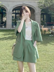 Fashionable Womens Summer Thin Casual Short Sleeve Suit Set Short Pants Two-Piece Set Korean Style Polyester Fiber POLO Collar