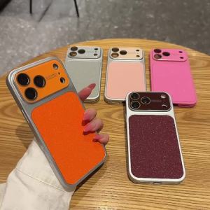 Luxury Crystal Large Window Bling Glitter Leather Case for iPhone 17 15 14 13 16 Pro Max 17 Plating Bumper Shockproof Lens Cover