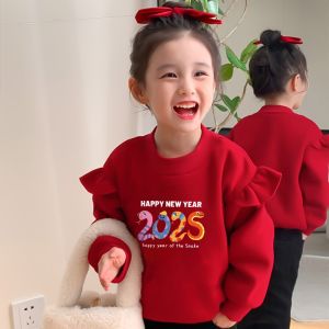 Red Dragon Year Fashionable Girls Fleece Lined Sweatshirt with Flying Sleeves Autumn Winter New Style Childrens Overhead Shirt