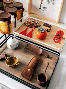 Wooden Iron Art Tea Tray Coffee Shop Seasoning Can Water Cup Bread Tray Industrial Style Rectangular Shape Storage Tray