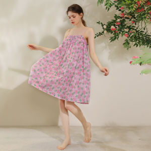 XEXZ | XEXZ Womens Summer New Pure Cotton Floral Print Nightgown Sweet Style One-Shoulder Lace Trim Mid-Length Sleepwear