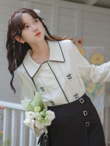 French Design Embroidered Long Sleeve Shirt Women Spring Summer New Sweet Personality Age Reduction Top Trendy POLO Collar