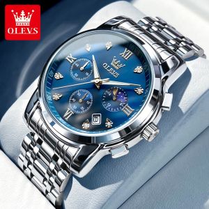 OLEVS Đồng Hồ Đeo Tay Thạch Anh Cổ Điển Dành Cho Nam Thiết Kế Bánh Đà Mặt Số Pha Mặt Trăng Mặt Số Quy Mô La Mã Dây Thép Không Gỉ Chống Sốc Kim Dạ Quang
