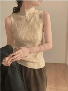 Áo đan phong cách mới với áo vest sát nách nửa cổ cao ôm dáng thanh mảnh đáy màu trơn dáng ôm đầu kiểu mùa xuân và mùa thu
