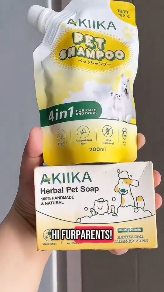 【BUY 1 TAKE 2】Akiika Herbal Pet Antibacterial Anti-mite Soap + Mild Shampoo Make Hair Soft and Shine Eliminate Odor Leaving Pet Fresh and Clean Deodorized Conditions and Moisturize Skin Keep Pet Happy After Bath For Dogs and Cats Gentle