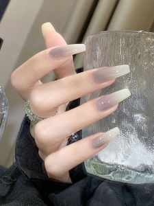Long Gradient Wearable Nails Pastel Grey And off White Simple Elegant Manicure Stickers Finished Product Nail Art Tools
