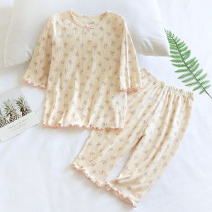 Childrens Summer Thin Knitted Pure Cotton Nightgown 7-Sleeve 7-Pant Sleepwear Fresh Home Clothes Air Conditioner Suit
