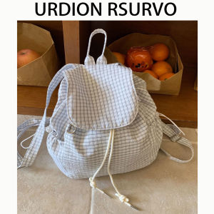 URDION RSURVO Double Shoulder Backpack Grid Drawstring Large Capacity Commuter Student Versatile Backpack Casual Bucket Shape