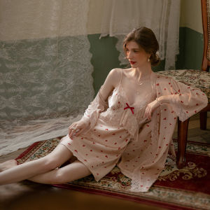 ชุดนอนผู้หญิงผ้าไหมน้ำแข็งสไตล์ฝรั่งเศส ชุดนอนคอวีแขนสั้น ชุดนอนฤดูร้อน ชุดนอนฤดูใบไม้ผลิ ชุดนอนฤดูใบไม้ร่วง ชุดนอนฤดูหนาว