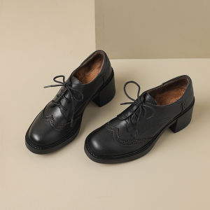 Fall Winter Womens Block Heel Shoes Thick Bottom Heightening Soft Bottom Wide Heel High Heels Fleece Lined Leather Oxford Shoes