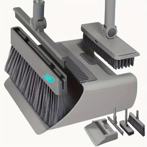 4-in-1 Long Handle Broom and Dustpan Combo Set with Push Broom and Floor Squeegee