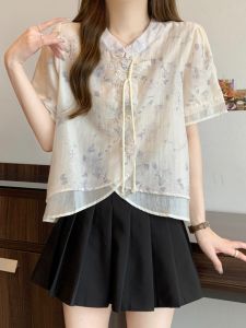 Western Style New Chinese Style Chinese Knot Button Embroidery Floral Blouse Womens Summer Plus Size Plus Size Ladies Beautiful Design Easiest for Match Slim Looking Shirt