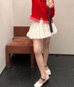 Spring White Puffy Ballet Skirt High Waist A-Line Cake Design Versatile Half-length Floral Lace Hemline Cotton Short Skirt