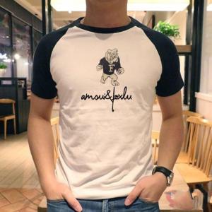 AF Short Sleeve T-Shirt Mens Summer Pure Cotton Patchwork Sleeve round Neck Top Embroidered Slim Fit Youth Contrast Color Half Sleeve T-Shirt