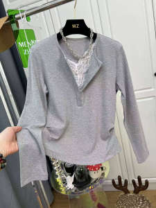 High-End Lace Splice V-Neck Long Sleeve Knitted T-Shirt Womens Spring New Style Side Gathered Casual Loose Fit Solid Color