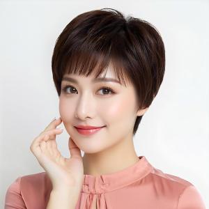 Middle-aged and elderly wig womens oblique bangs short straight hair simulation fluffy high temperature silk whole top full headgear
