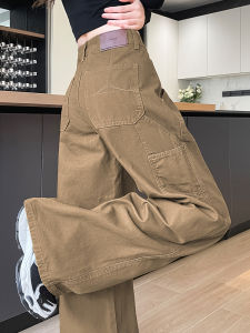 Khaki Wide Leg Workwear Jeans Women Loose Meat Covering Casual Pants High Waist Cotton Denim Loose Fit Autumn New Style