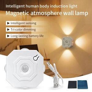 LED Motion Sensor Lamp Rechargeable Night Light Indoor Decorative Wall Lights RGB and 3 Colors Hallway Stairs Kitchen Lighting