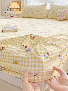 Cartoon KT Cat Bed Canopy Single Piece Washed Cotton Anti-Slip Dustproof Mattress Protector Comforter Cover Youth Suitable