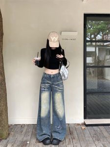 Quần Jeans Denim Ống Rộng Thêu Cạp Cao Cho Nữ Mùa Thu 2025 Quần Dài Dài Đến Sàn Thiết Kế Mới Quần Jeans Nữ Cổ Điển