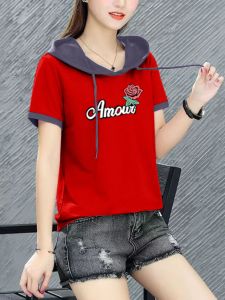 Hooded Short Sleeve T-Shirt Womens Summer New Arrival Western Style Fashion Leisure Anti-Aging T-shirt Pure Cotton Loose Slim Looking Tops