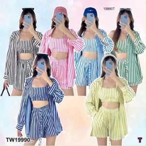 TW19990 Set 3 ชิ้น เสื้อเชิ้ต + สายเดี่ยว + กางเกงขาสั้น ..