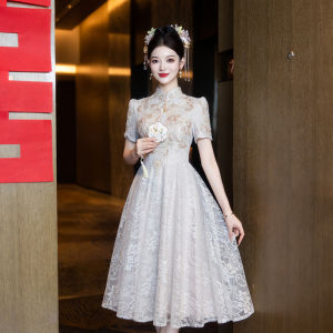 Champagne Lace Wedding Dress New Chinese Style Bridal Gown Evening Dress Improved Cheongsam Skirt Women Luxury Fashion