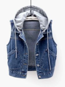 Womens Short Denim Vest Spring 2024 New Style Hooded Jacket Sleeveless Versatile Slim Fit Top Cardigan Pure Online Sale