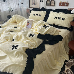 French Lace Bows Towel Embroidery Washed Cotton Four-Piece of Bed Skirt Princess Style Quilt Cover Fitted Sheet and Bed Sheet Three Pieces