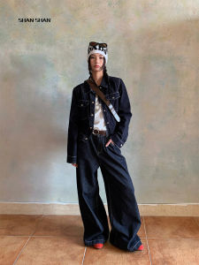 Shiny Deep Blue American Style Denim Cardigan Short Womens Top Set Two-Piece Set Cotton Long Sleeve Button Closure Autumn Wear