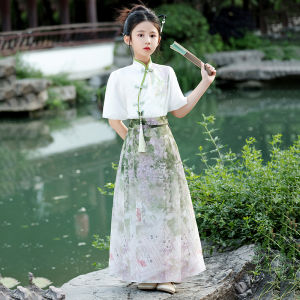New Chinese Style Childrens Clothing Set Girls Cheongsam Summer Outfit Traditional National Style Horse Tailed Skirt